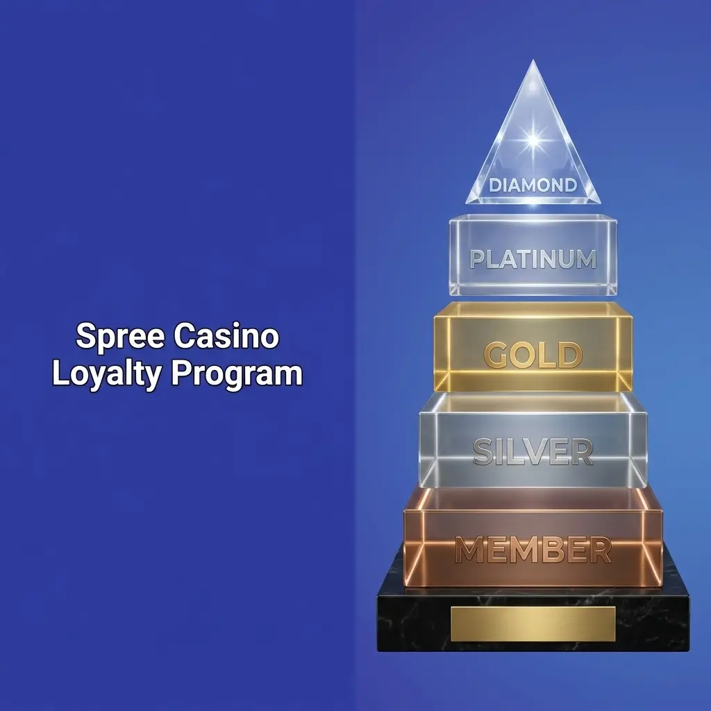 Spree Casino tiered loyalty program showing XP progression, SC rewards, and exclusive perks for registered US players